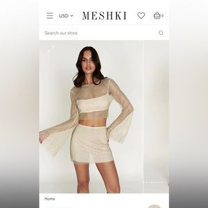 Meshki Hilton - Diamante Mesh Mini Skirt and Top - Cream